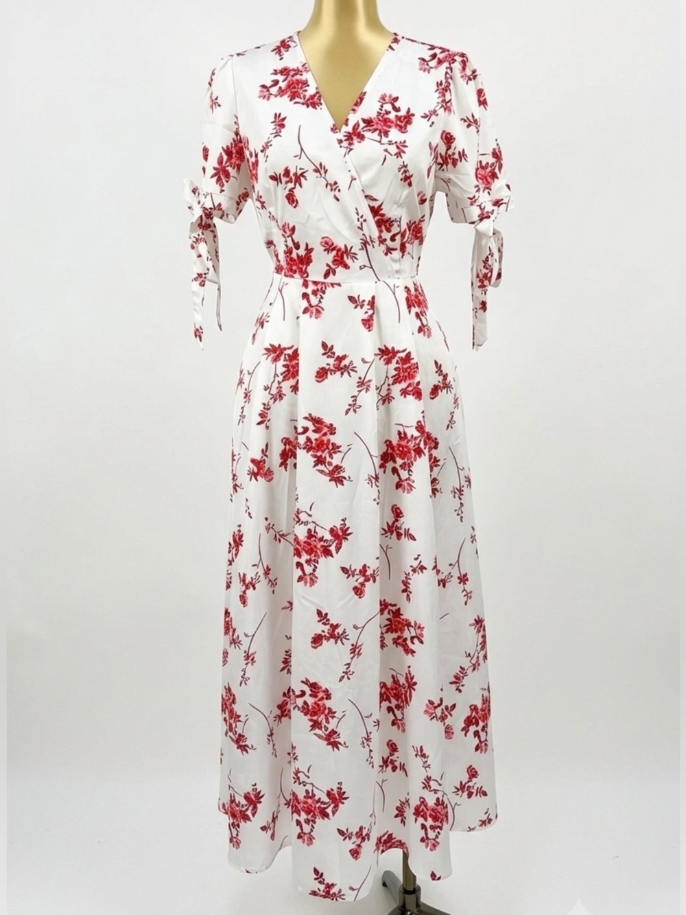 Women's White Floral Wrap Midi Dress with Burgundy Print - Picture 2 of 2